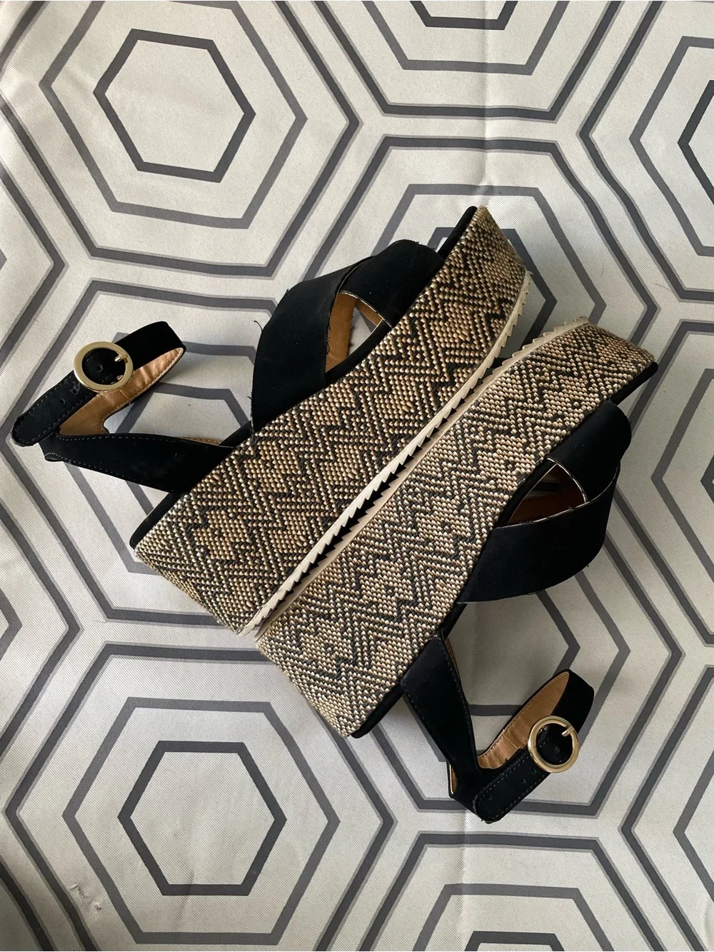Report | Peppermint Crisscross Black Faux Suede Platform Wedge Sandal